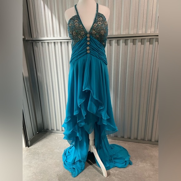 Beyond Jovani Blue Sequin High Low Ruffle Formal Dress 12 Pageant Prom Fairycore - Picture 1 of 12